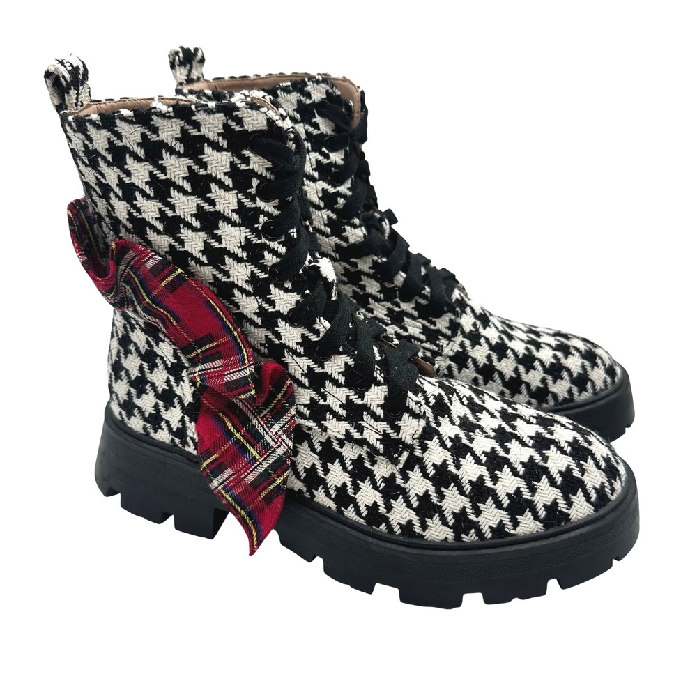 Betsey Johnson x Torrid ROZEY Houndstooth Tweed Combat Ruffle Boots Plaid 7.5